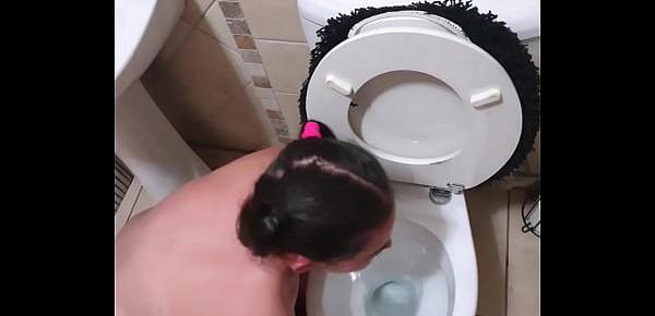  Pigtailed teen sucks dick after being pissed on and licking the toilet clean | face spitting and slapping